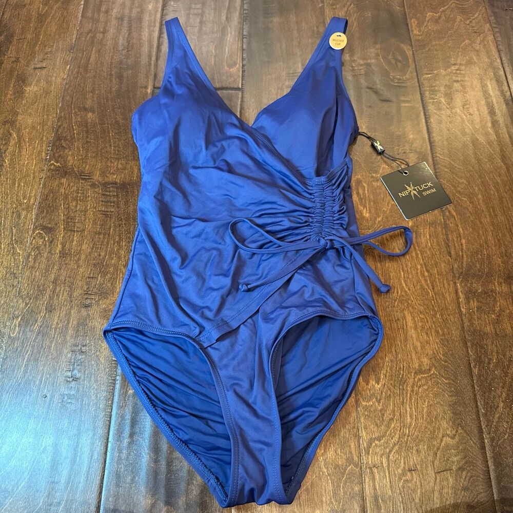 Nip Tuck One Piece Side Tie Scrunch Swimsuit Navy Blue size 4 NWT Slimming